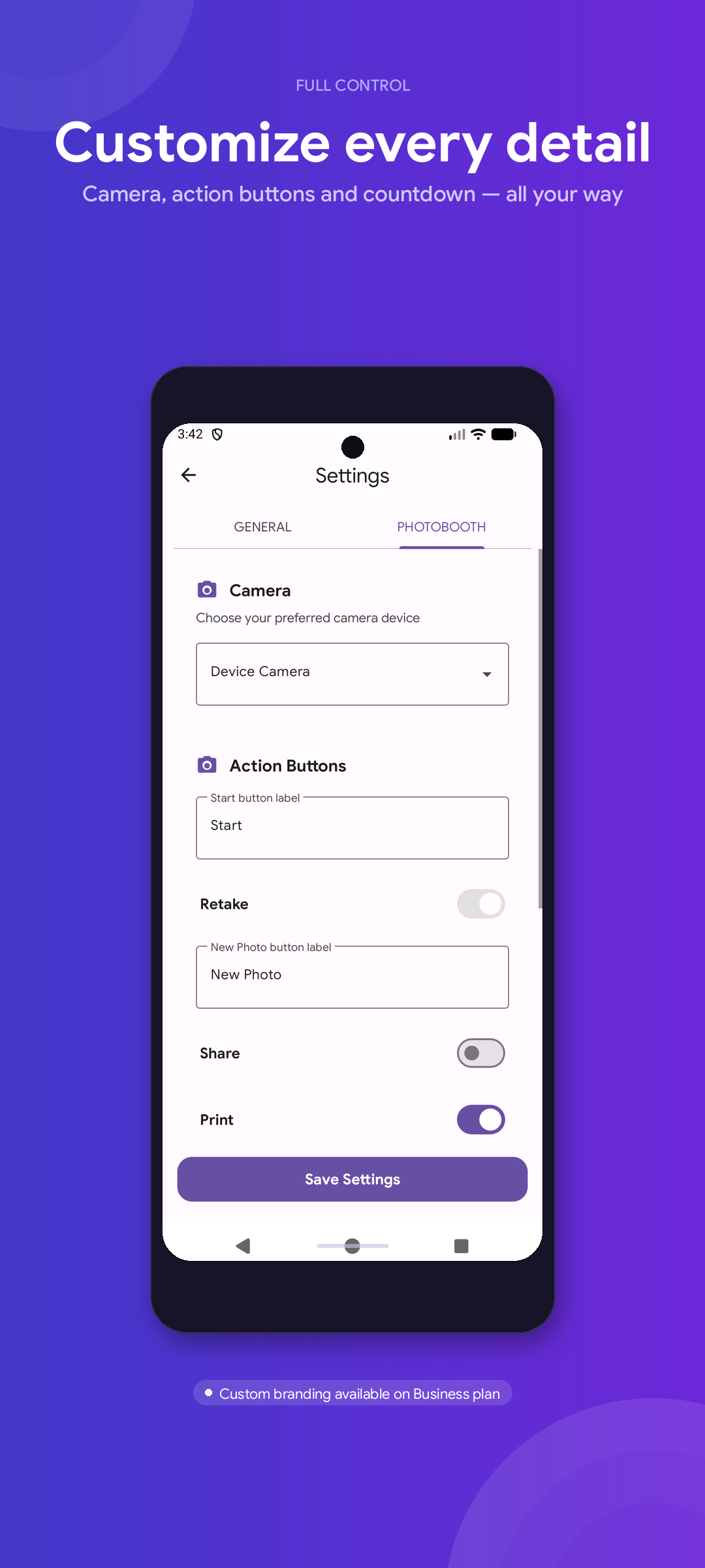 Settings - Camera, printer & kiosk mode
